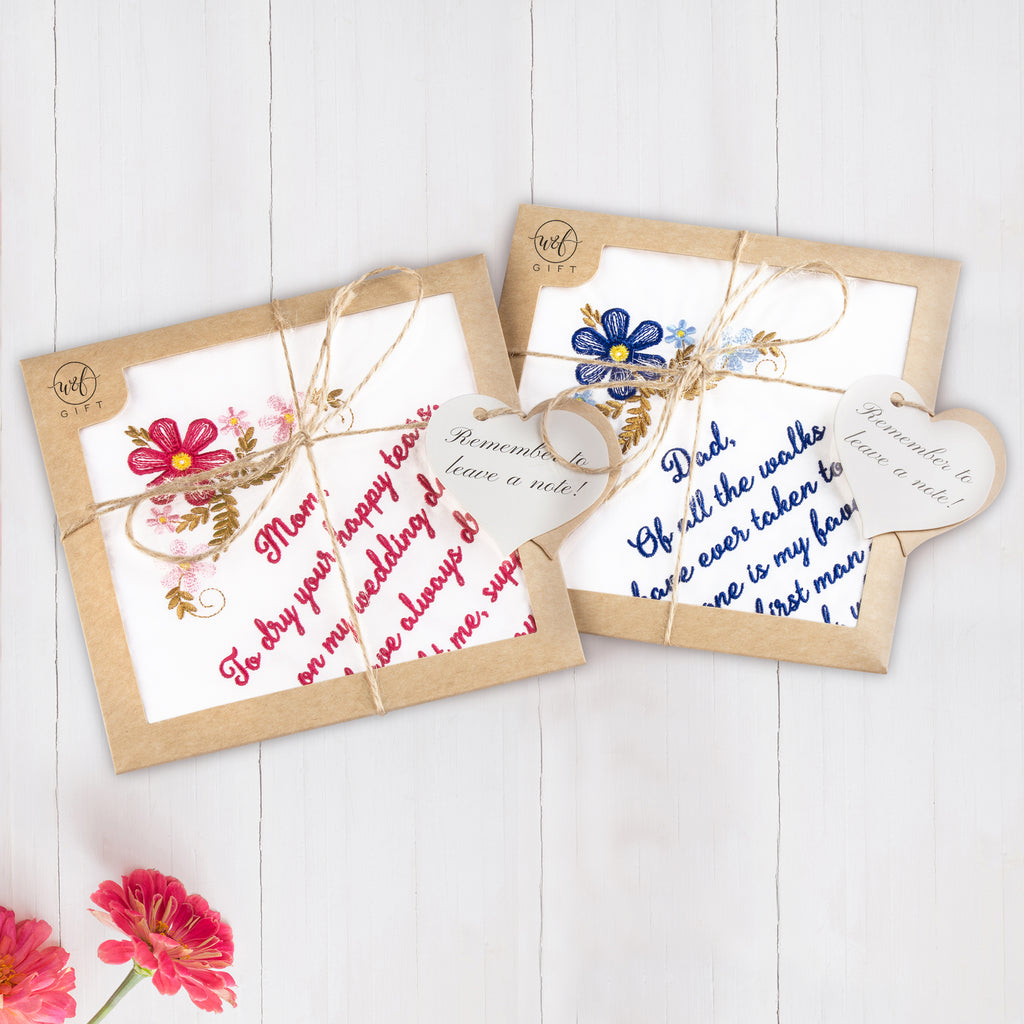 The Original “Happy Tears” Mom & Dad Wedding Handkerchief Set – Red & Blue Script