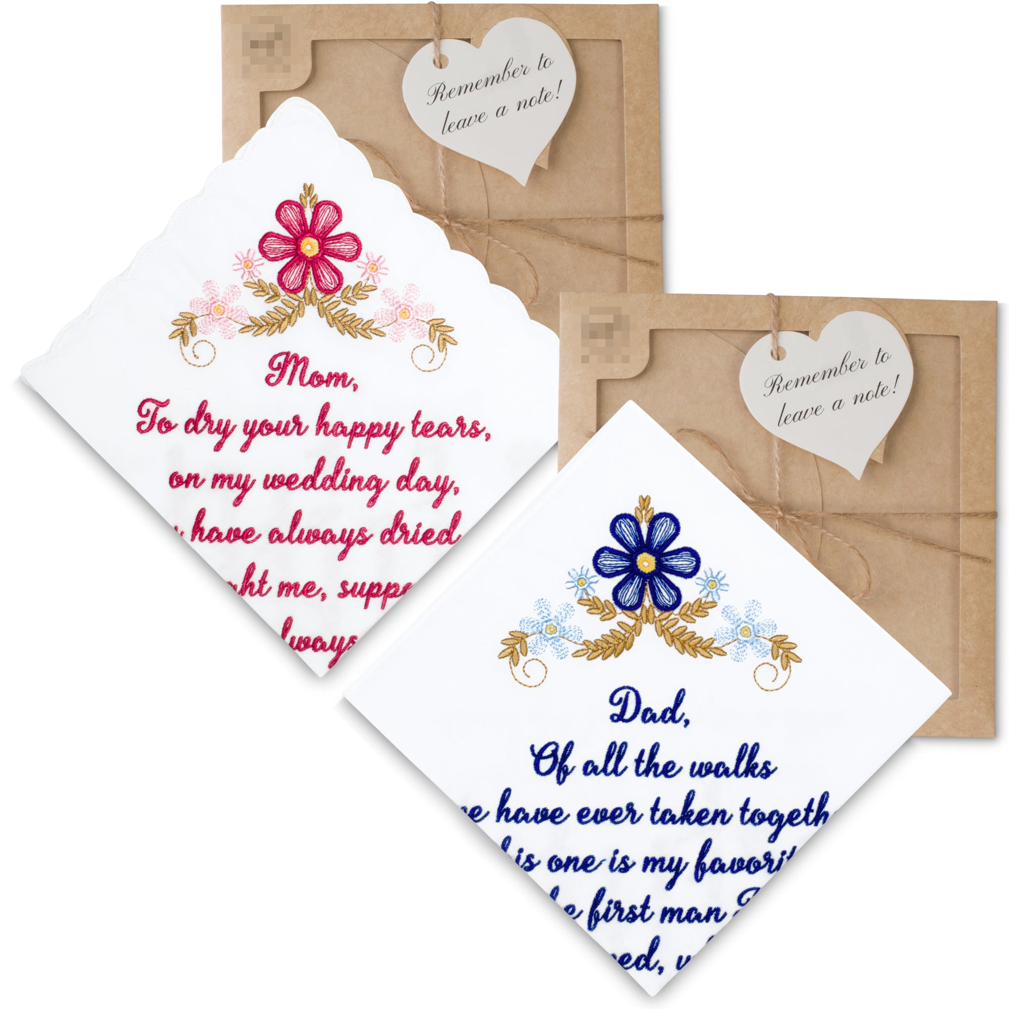 The Original “Happy Tears” Mom & Dad Wedding Handkerchief Set – Red & Blue Script
