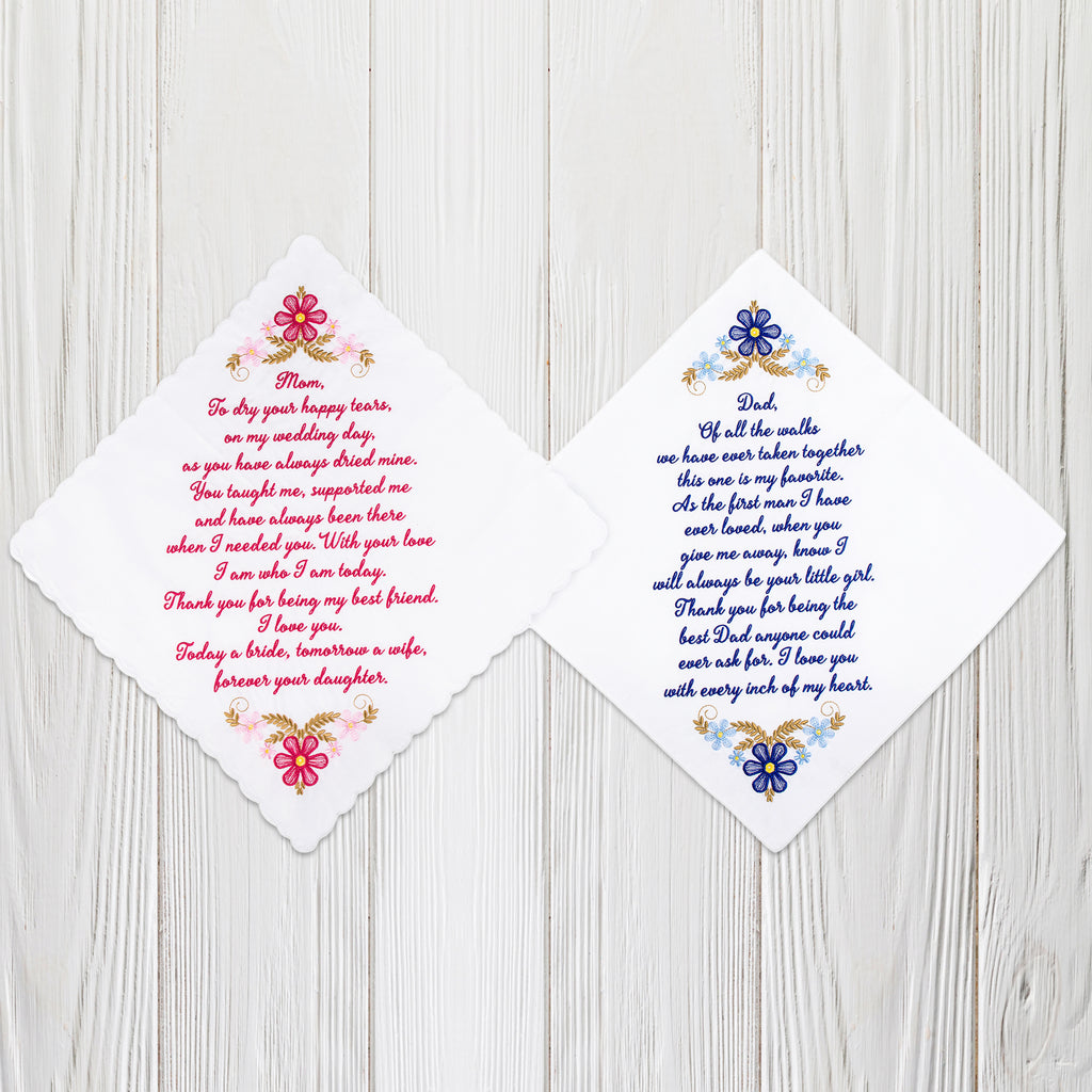 The Original “Happy Tears” Mom & Dad Wedding Handkerchief Set – Red & Blue Script