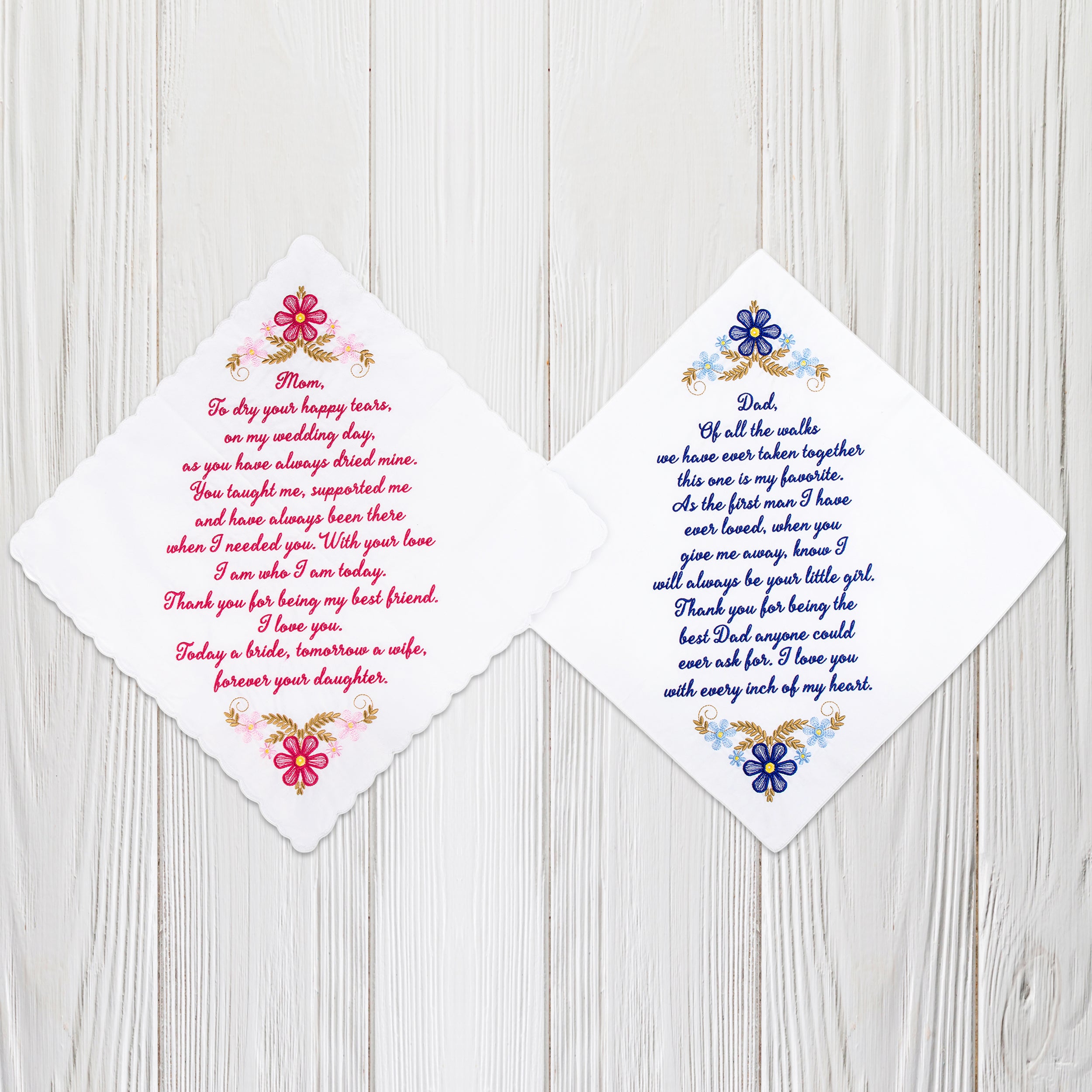The Original “Happy Tears” Mom & Dad Wedding Handkerchief Set – Red & Blue Script