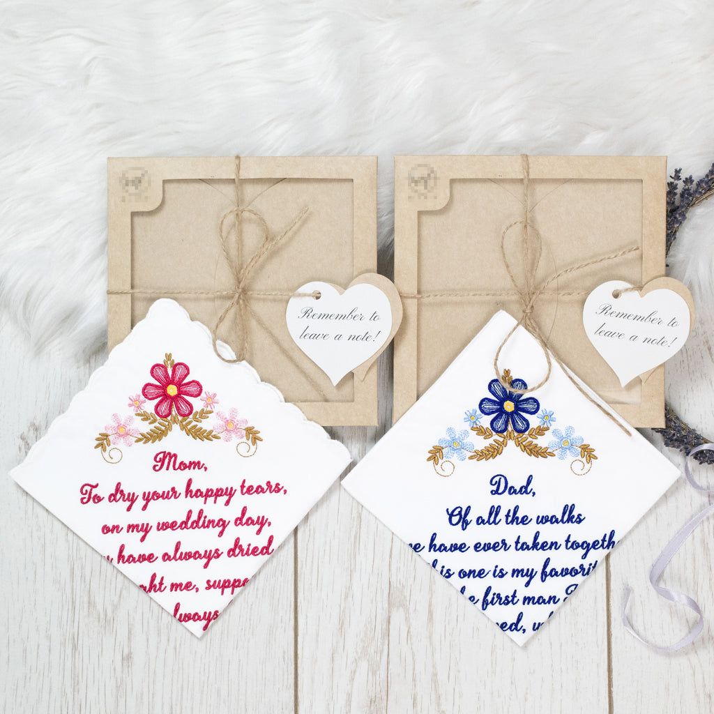 The Original “Happy Tears” Mom & Dad Wedding Handkerchief Set – Red & Blue Script