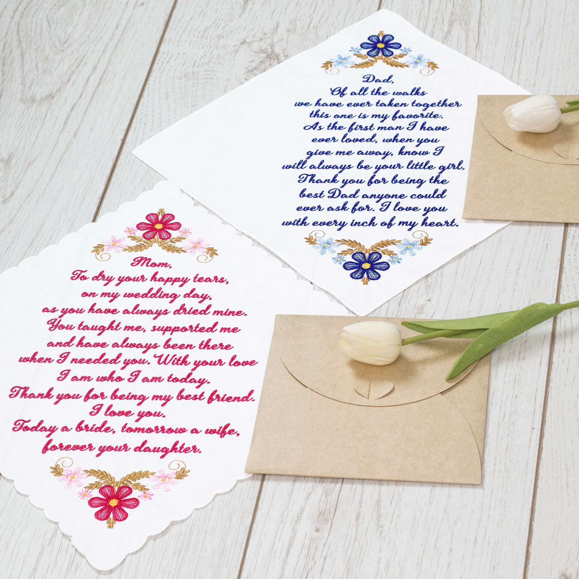 The Original “Happy Tears” Mom & Dad Wedding Handkerchief Set – Red & Blue Script
