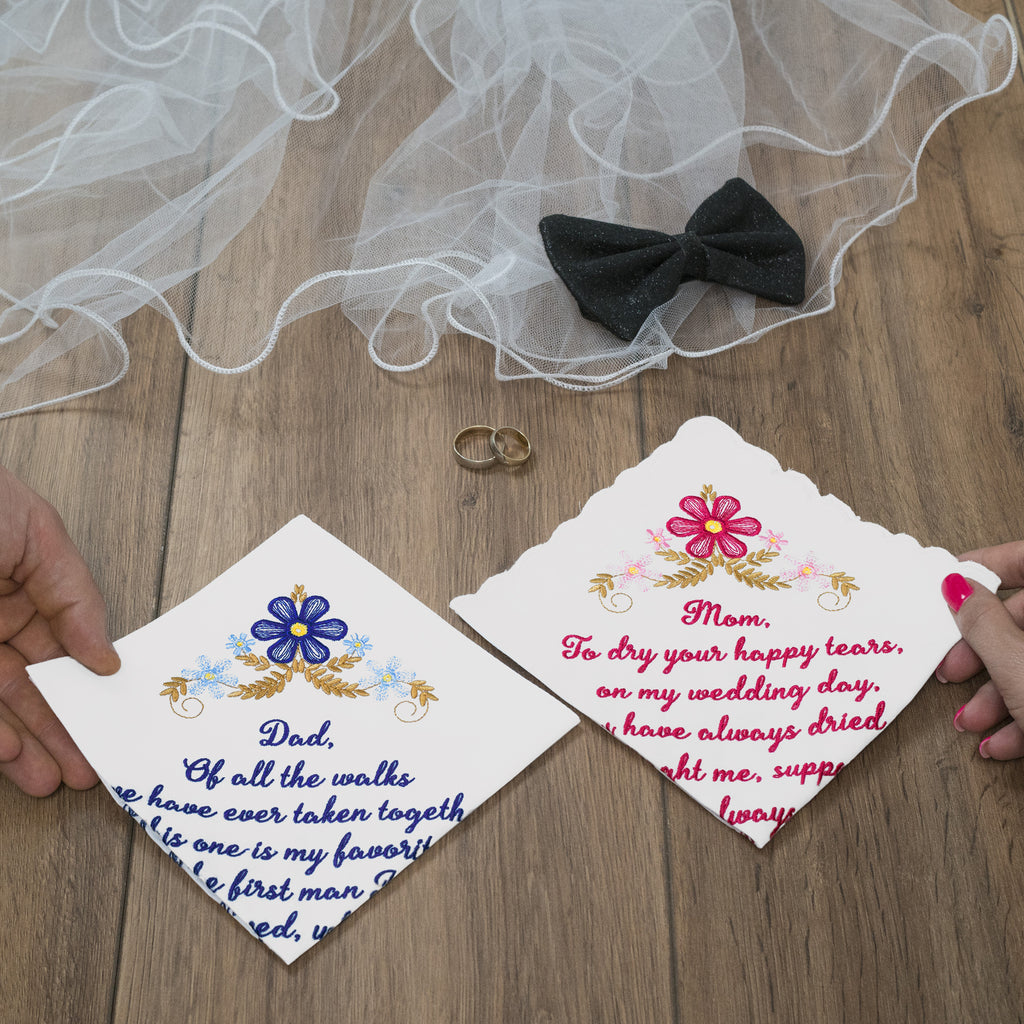 The Original “Happy Tears” Mom & Dad Wedding Handkerchief Set – Red & Blue Script