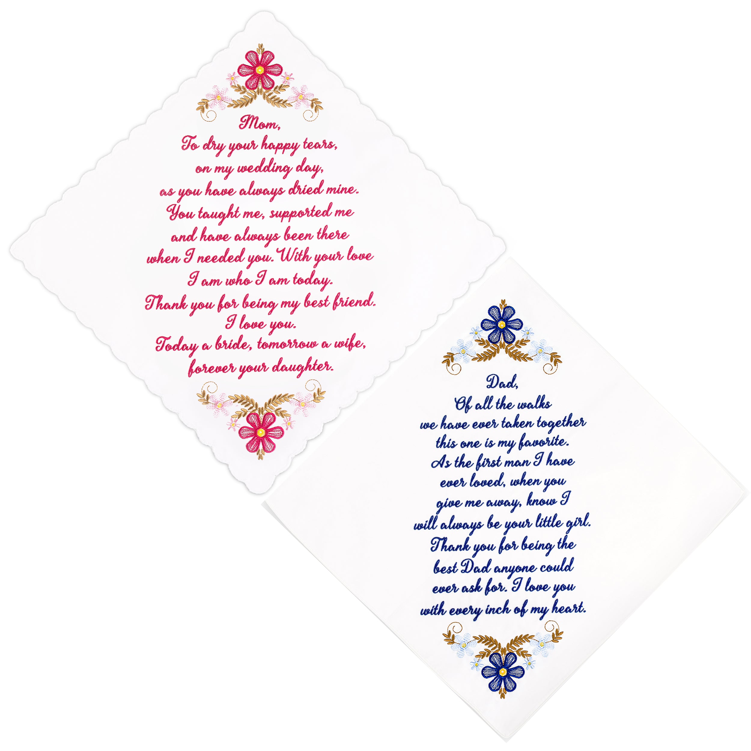 The Original “Happy Tears” Mom & Dad Wedding Handkerchief Set – Red & Blue Script